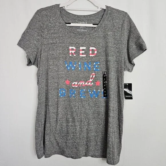 NWT TORRID T-Shirt Top GRAY size 0 L 12 Red Wine & Brews Flag Patriotic Fun Cute - Picture 3 of 6